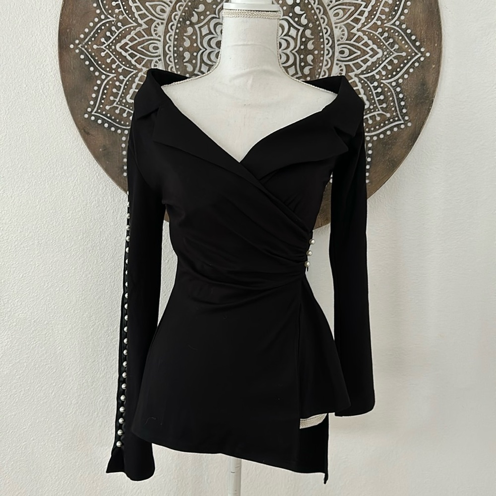 VENUS Black Pearl-Button Wrap Blazer